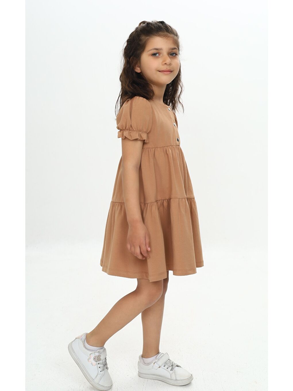 Kahverengi Kız Çocuk Önü Düğmeli Fırfırlı Elbise-2