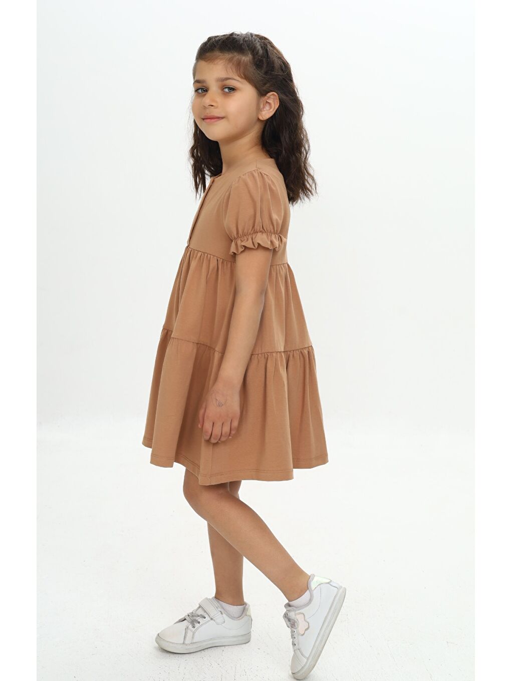 Kahverengi Kız Çocuk Önü Düğmeli Fırfırlı Elbise-3