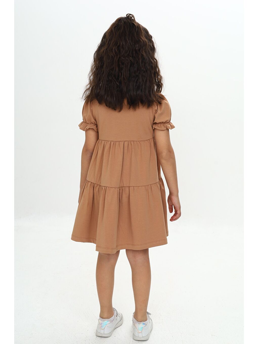 Kahverengi Kız Çocuk Önü Düğmeli Fırfırlı Elbise-4