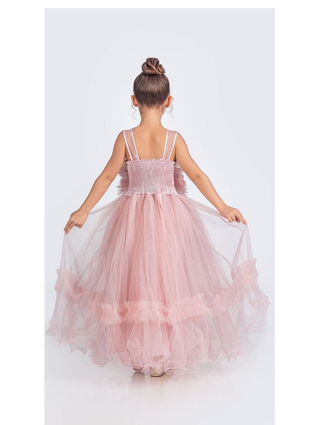Pembe Uzun Etekli , Askılı Kız Cocuk Gül Motif Abiye Elbise M00670-8