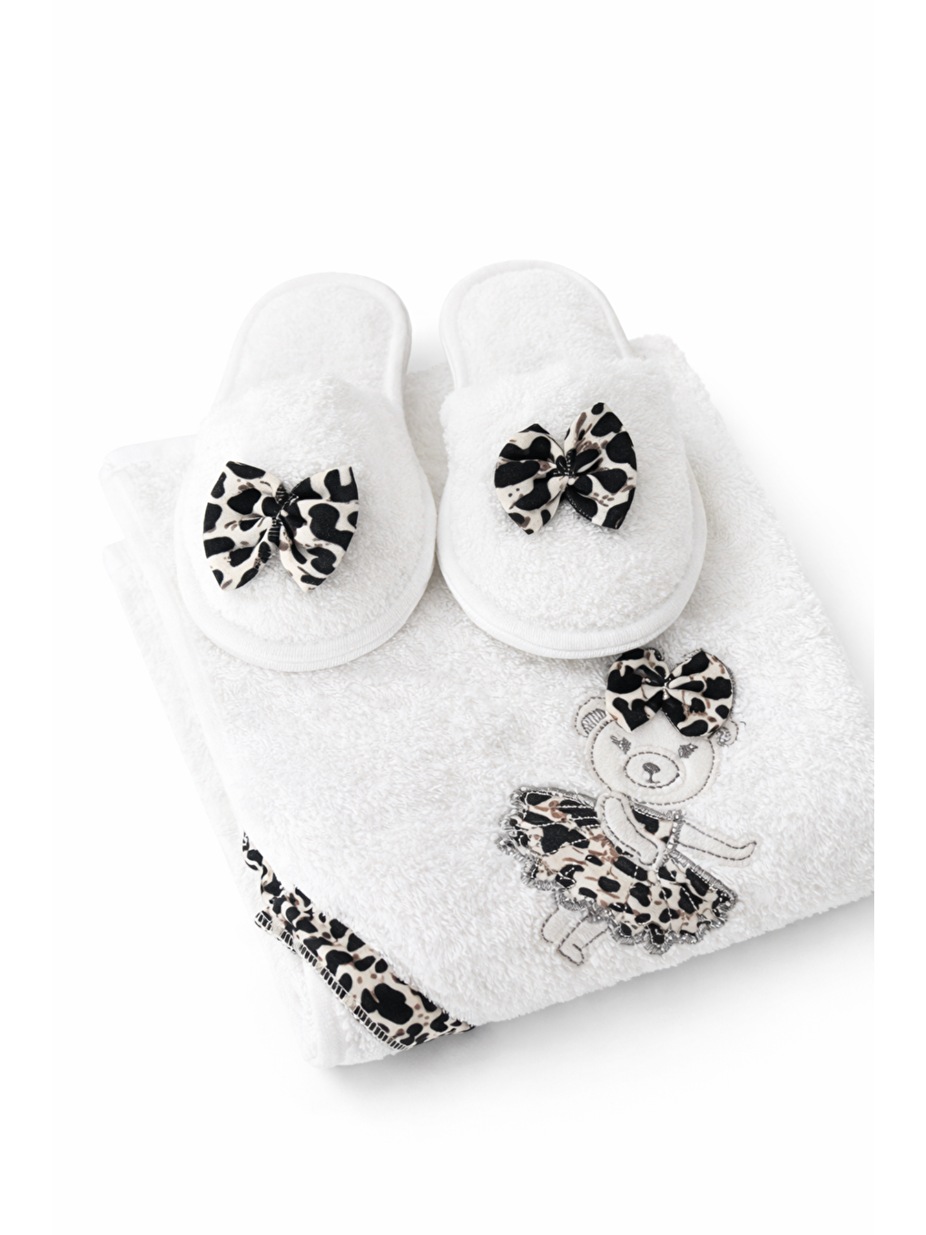 Ekru Kız Bebek Çocuk 0-24 ay Leopar Baskılı Kutulu Bornoz Havlu Seti Hediyelik 4 Parça-2