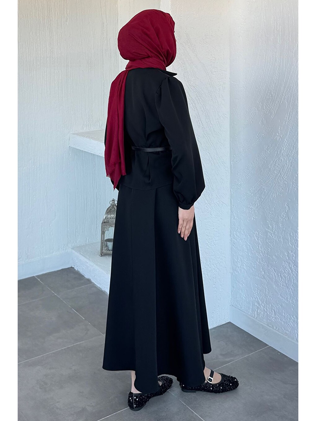Siyah Bel Lastikli Kemer Aksesuarlı Etek Gömlek Tesettür İkili Takım-6