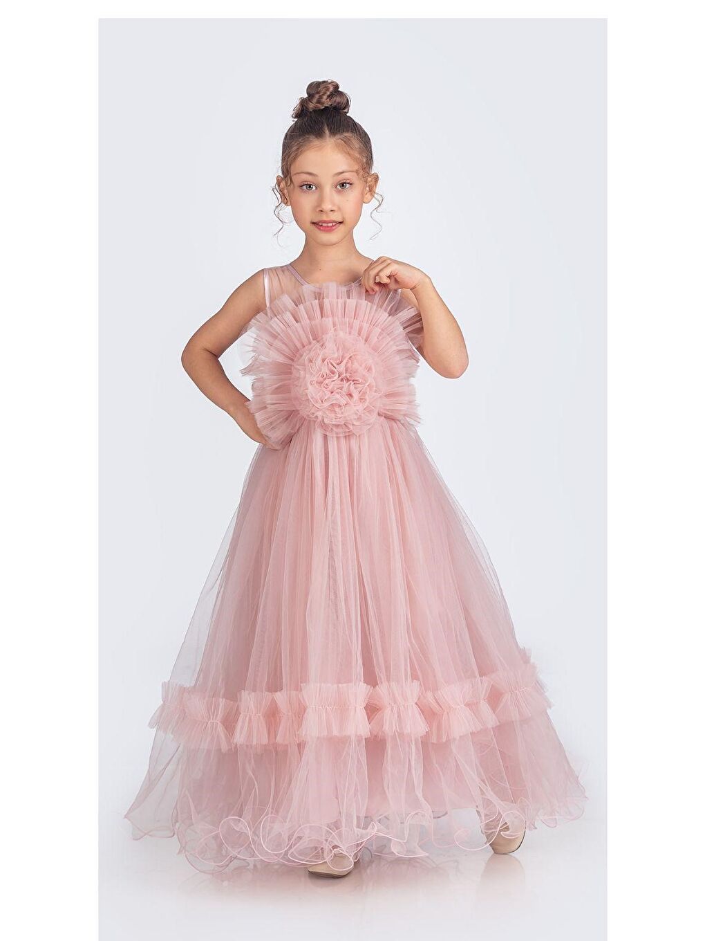 Pembe Uzun Etekli , Askılı Kız Cocuk Gül Motif Abiye Elbise M00670-9