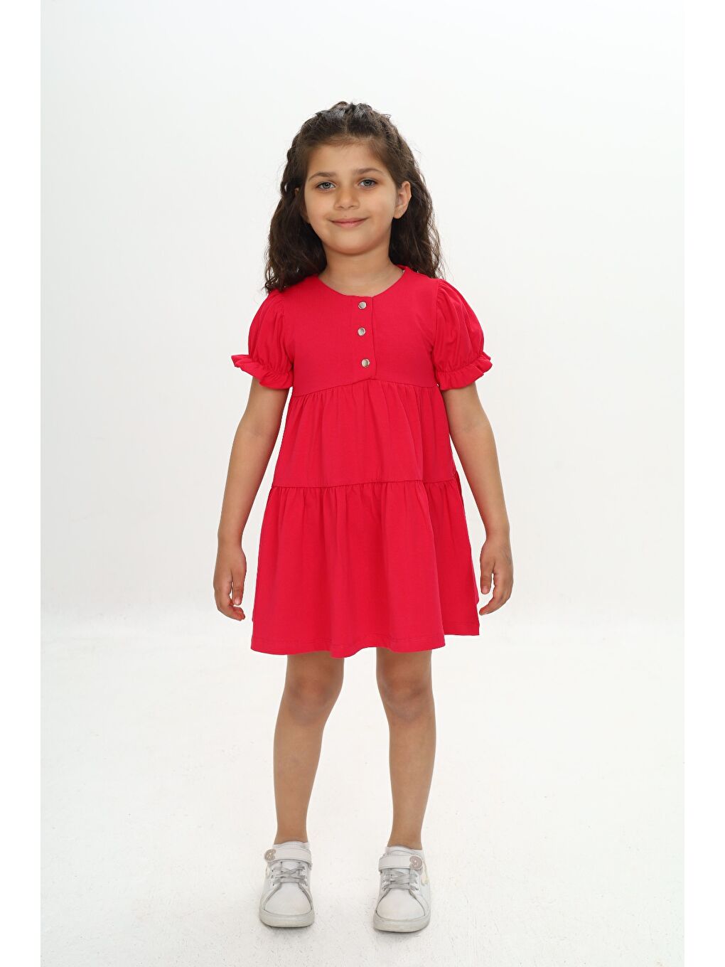 Fuşya Kız Çocuk Önü Düğmeli Fırfırlı Elbise