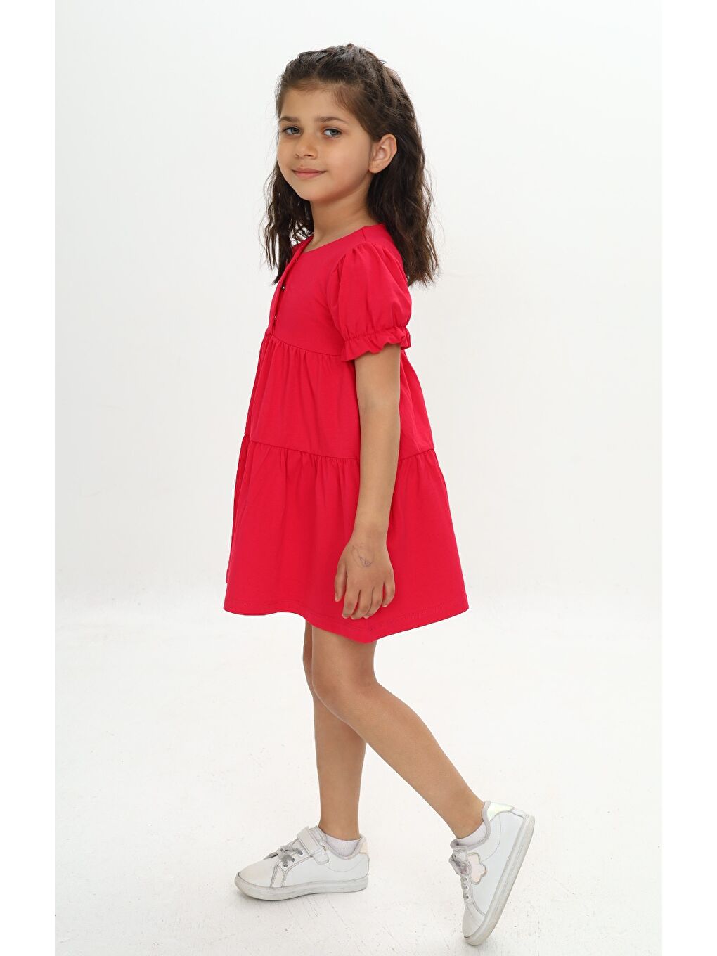 Fuşya Kız Çocuk Önü Düğmeli Fırfırlı Elbise-1