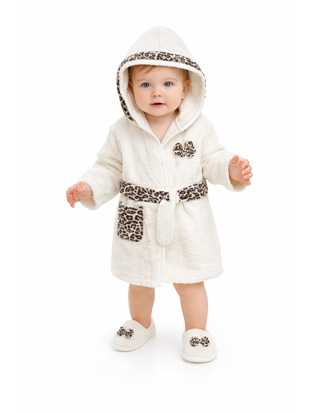 Ekru Kız Bebek Çocuk 0-24 ay Leopar Baskılı Kutulu Bornoz Havlu Seti Hediyelik 4 Parça-3