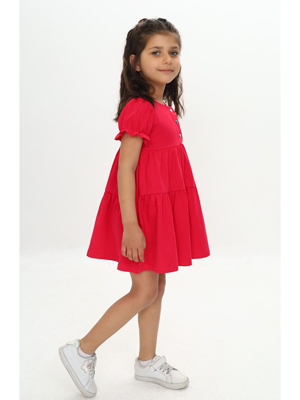 Fuşya Kız Çocuk Önü Düğmeli Fırfırlı Elbise-2