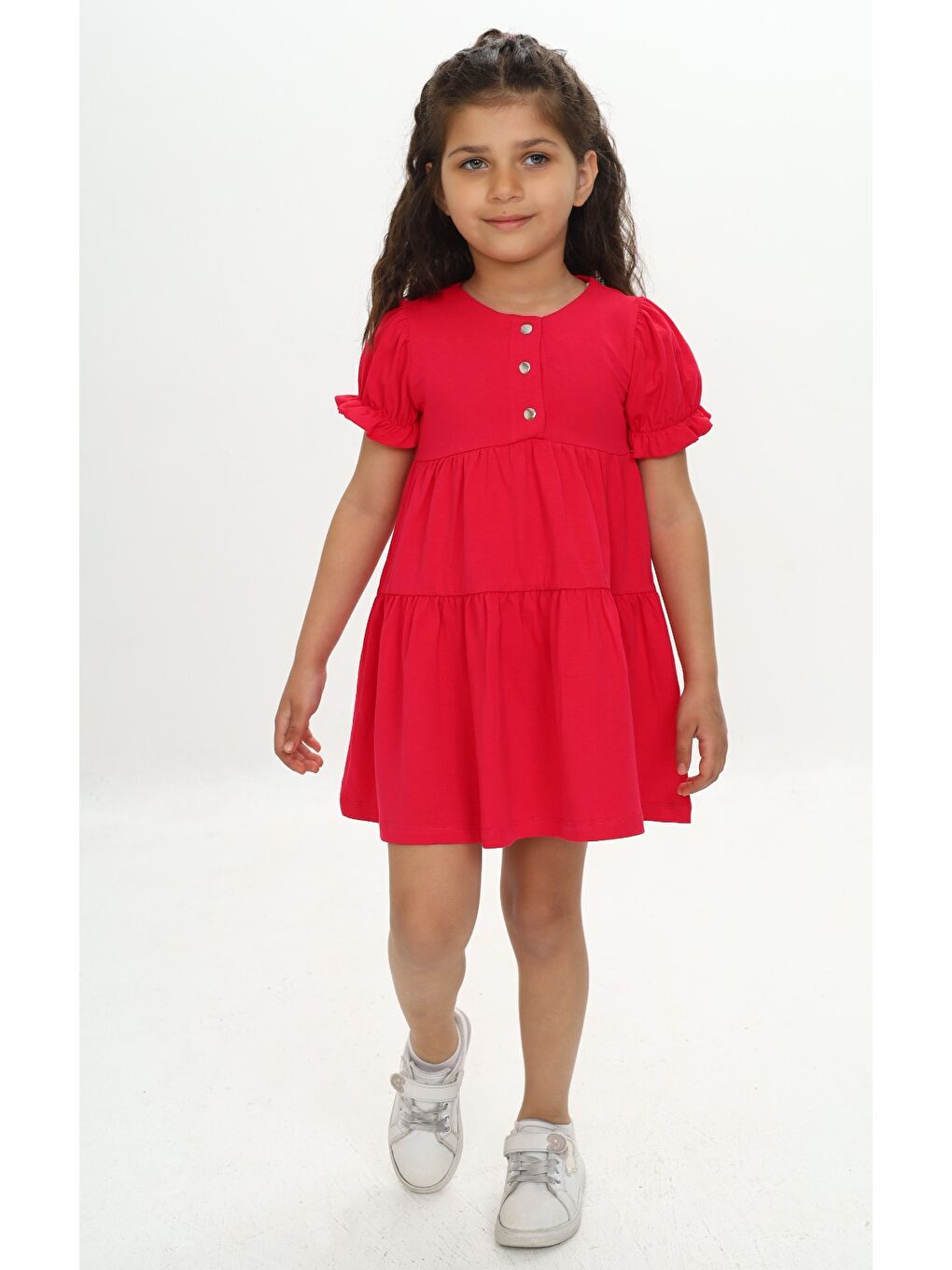 Fuşya Kız Çocuk Önü Düğmeli Fırfırlı Elbise-3