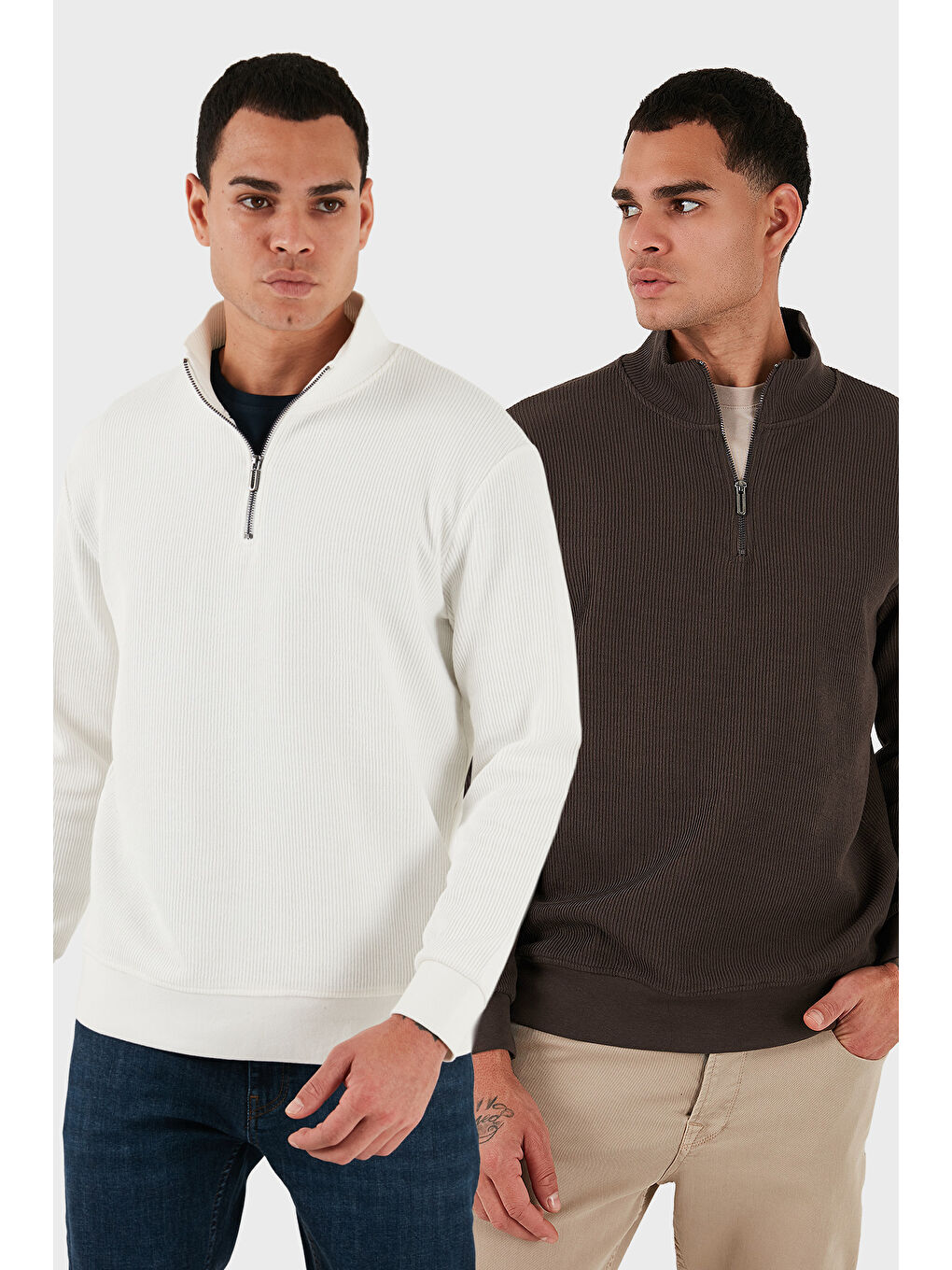 Ekru Pamuklu Regular Fit Yarım Fermuarlı Dik Yaka 2'li Paket Sweat 5905716S2