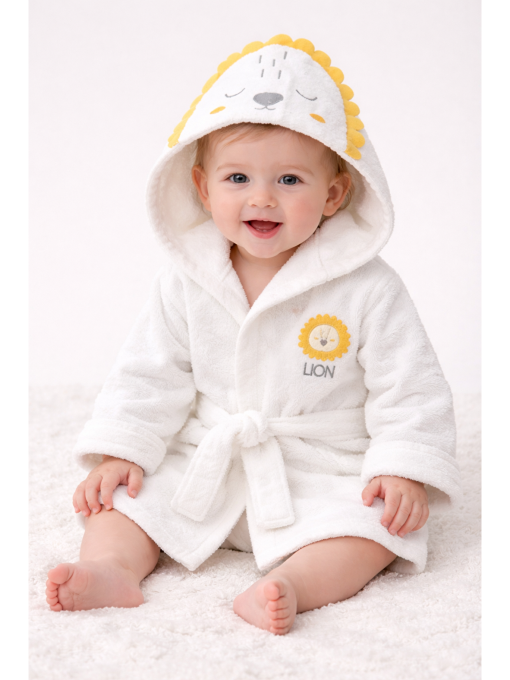 Sarı Unisex Hayvan Figürlü Bebek Bornoz Havlu Seti Yenidoğan Hediyelik Kutulu 0-24ay Pamuklu 3lü Takım