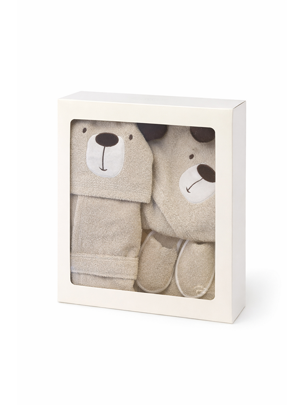 Kahverengi Unisex Hayvan Figürlü Bebek Bornoz Havlu Seti Yenidoğan Hediyelik Kutulu 0-24ay Pamuklu 3lü Takım-2