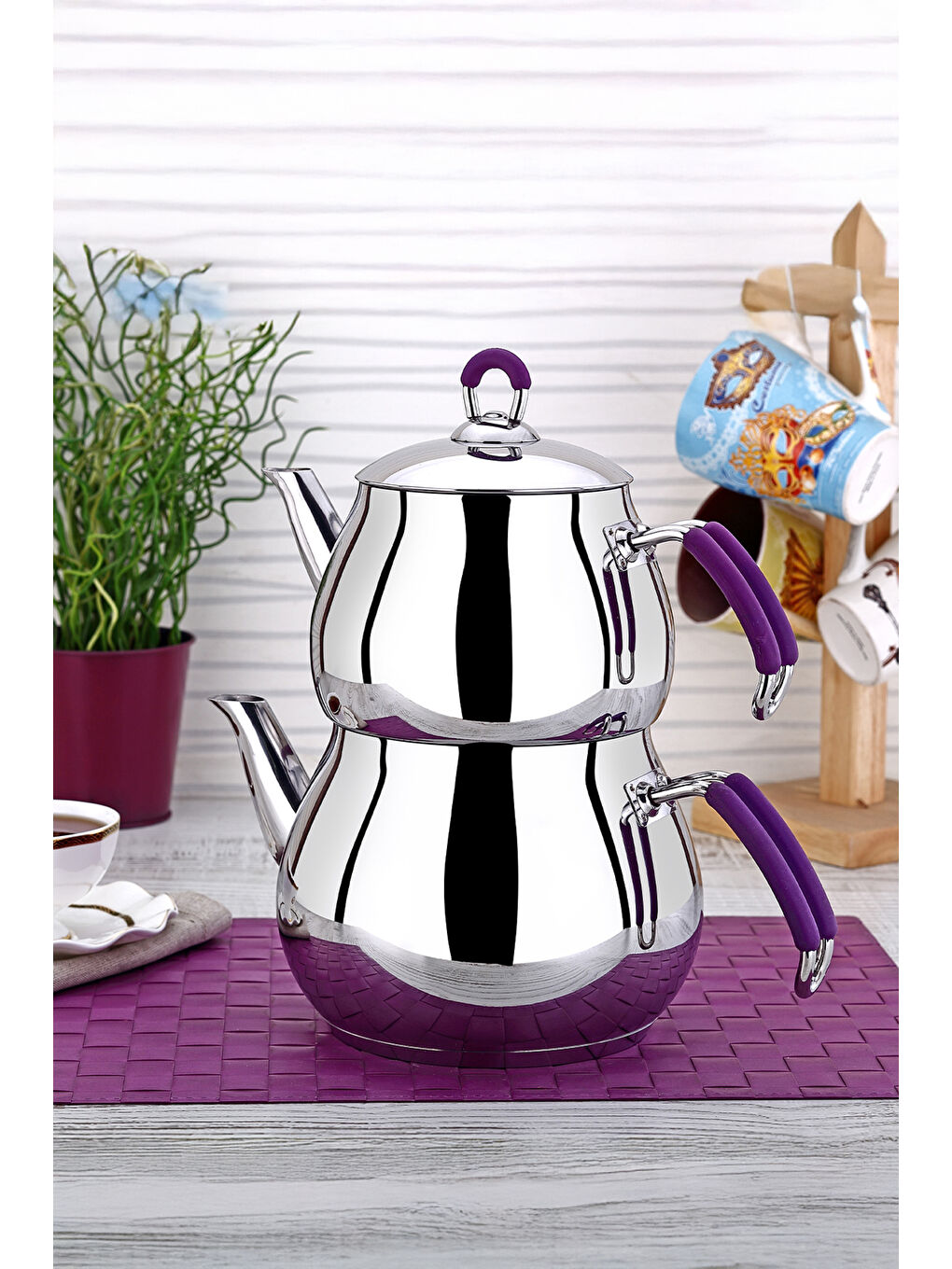 Metal Kulp Mürdüm Küre Maxi Boy Paslanmaz Çelik İndüksiyon Tabanlı 2-3,3 L Çaydanlık Takımı