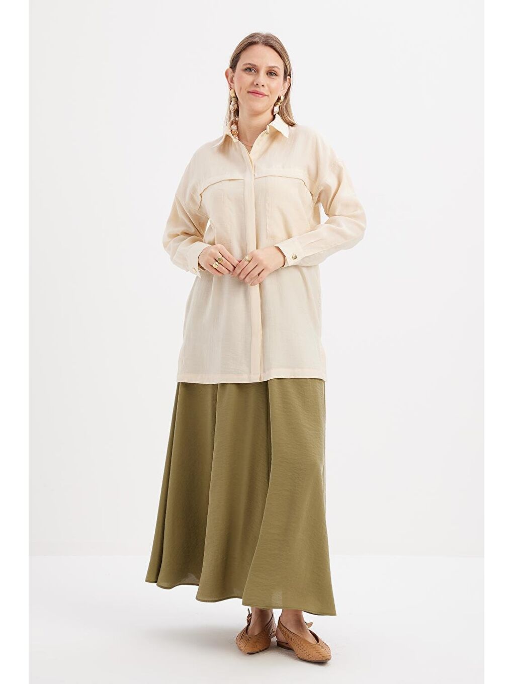 Açık Bej-Cepli Gizli Patlı Gömlek Tunik-1