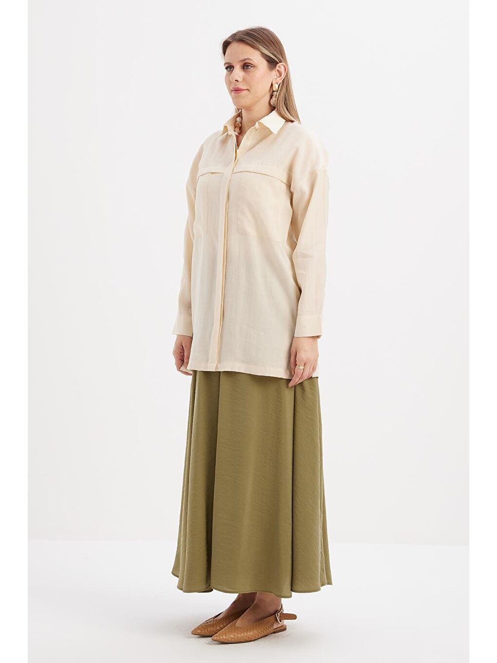 Açık Bej-Cepli Gizli Patlı Gömlek Tunik-2