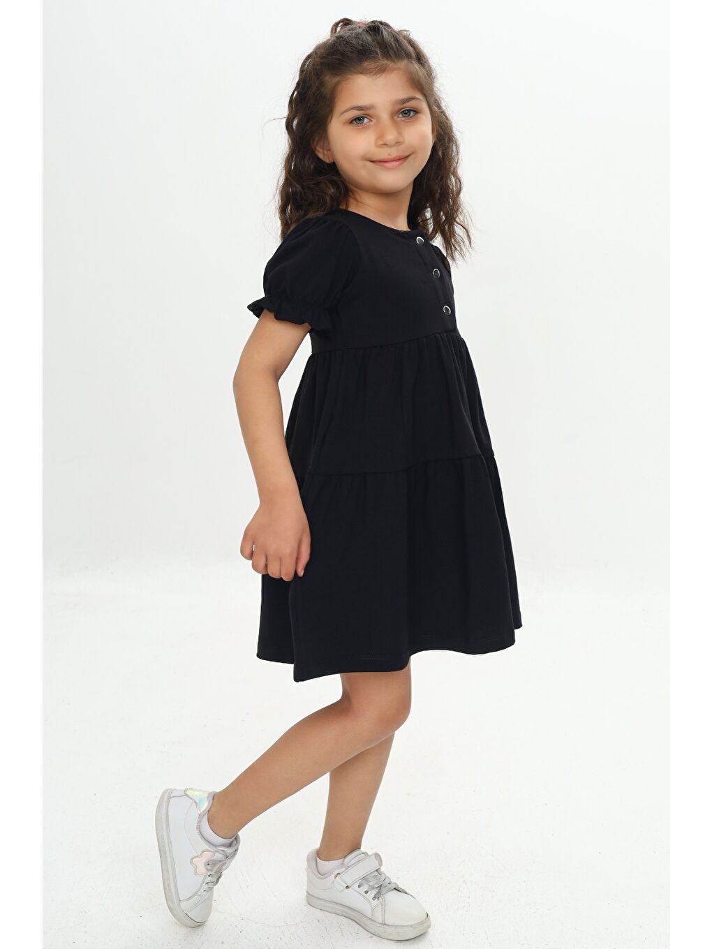Siyah Kız Çocuk Önü Düğmeli Fırfırlı Elbise-2
