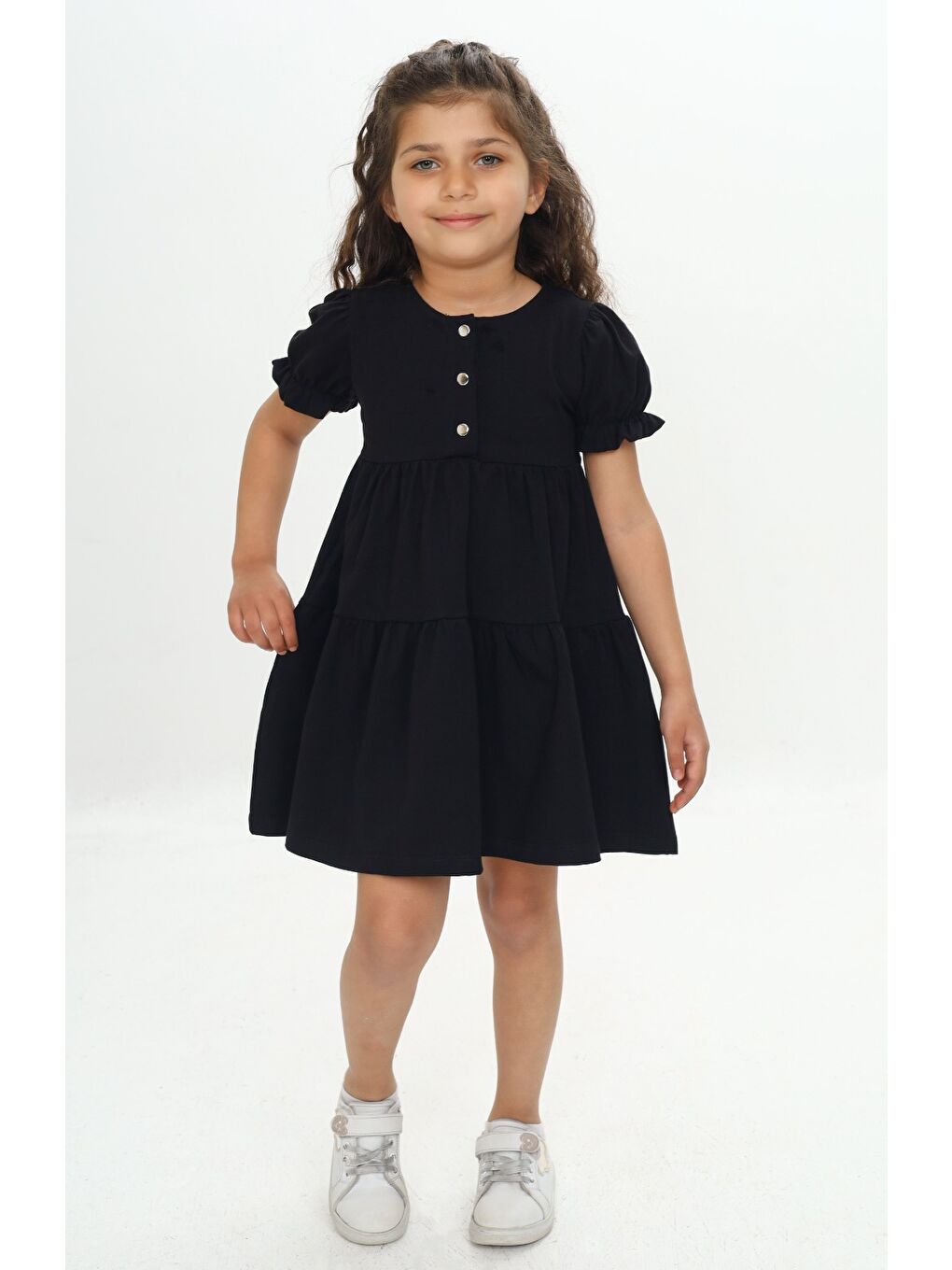 Siyah Kız Çocuk Önü Düğmeli Fırfırlı Elbise-3