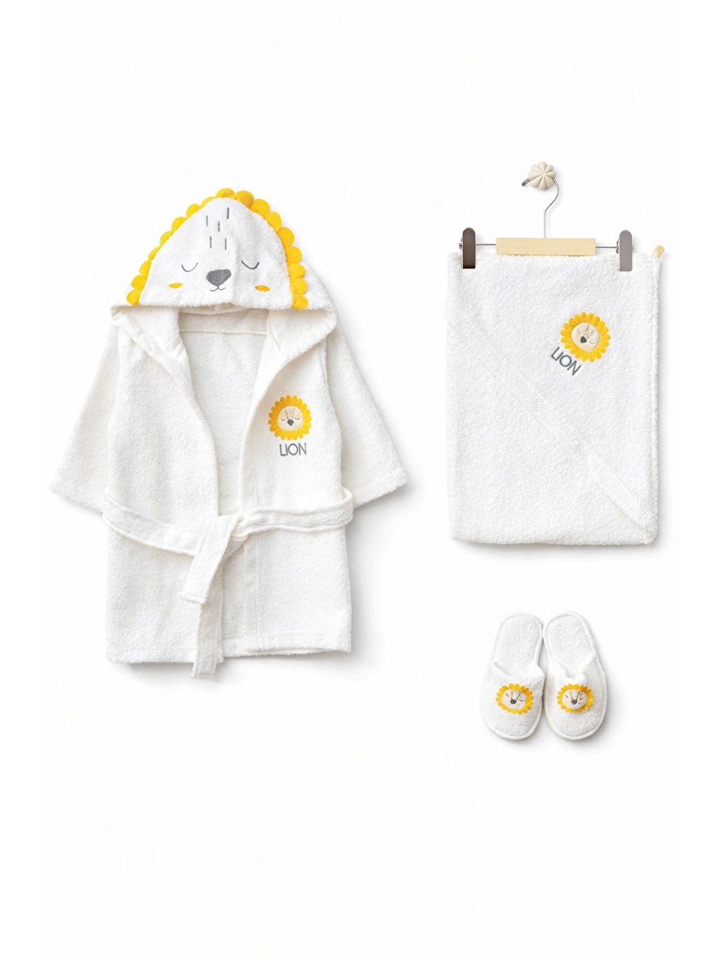 Sarı Unisex Hayvan Figürlü Bebek Bornoz Havlu Seti Yenidoğan Hediyelik Kutulu 0-24ay Pamuklu 3lü Takım-1