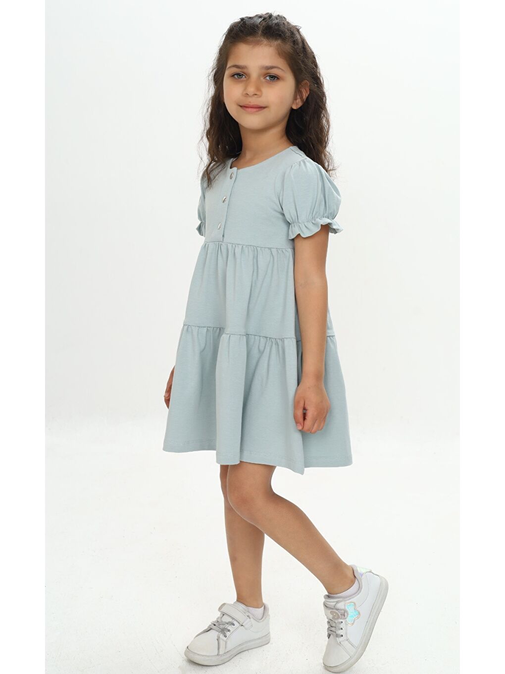 Gri Kız Çocuk Önü Düğmeli Fırfırlı Elbise-1