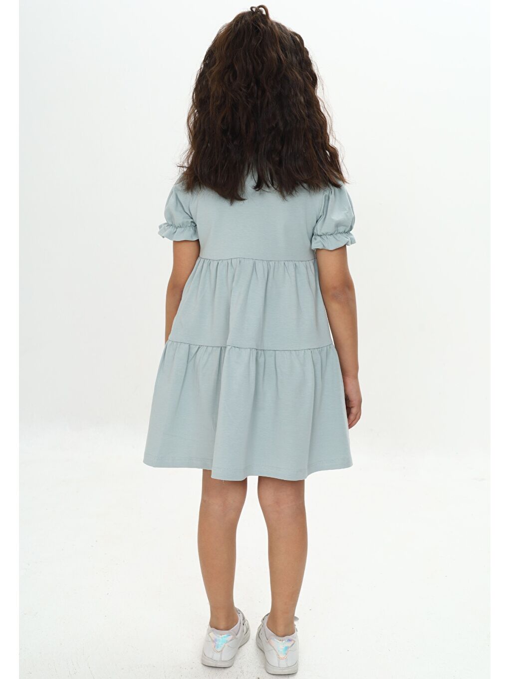 Gri Kız Çocuk Önü Düğmeli Fırfırlı Elbise-2