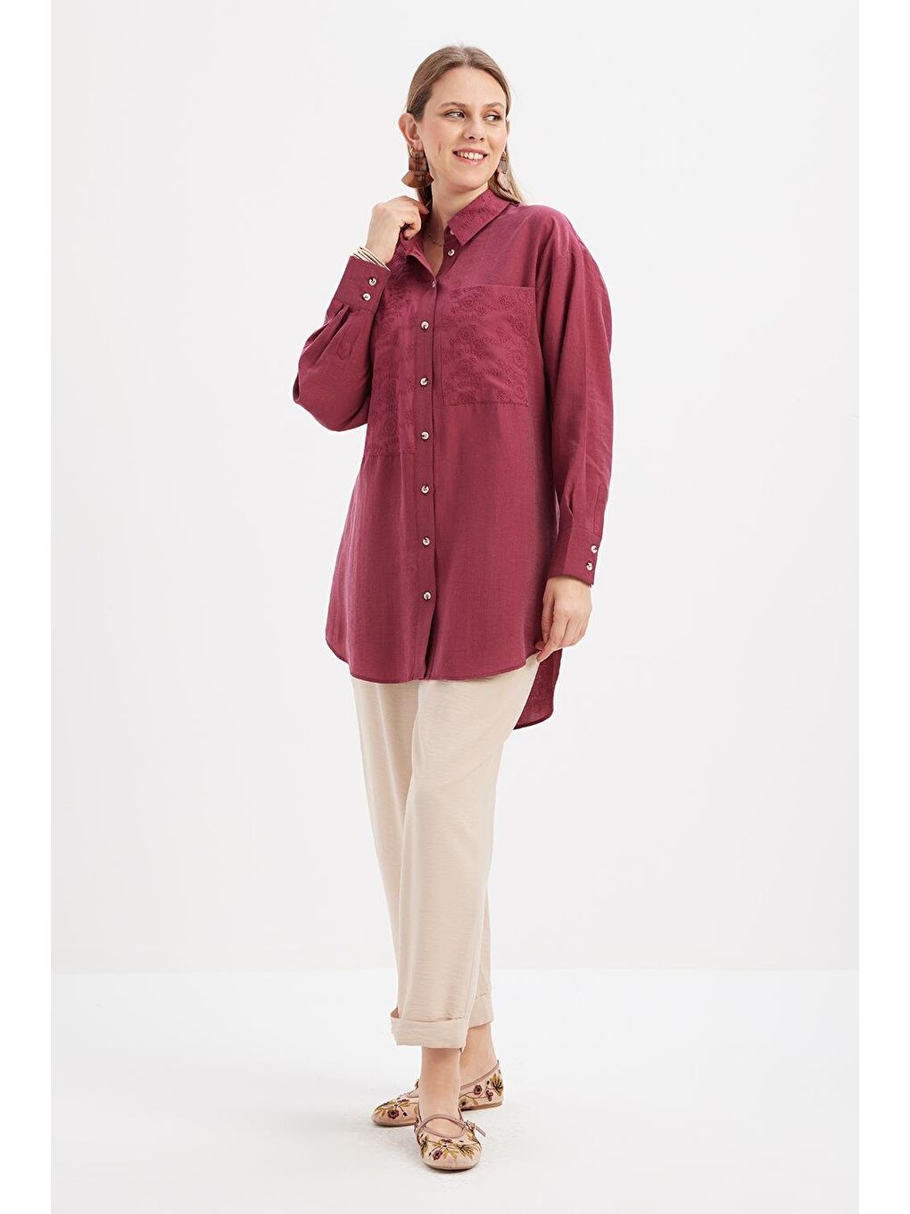 Kırmızı Vişne-Fisto Detaylı Büyük Cepli Gömlek-1