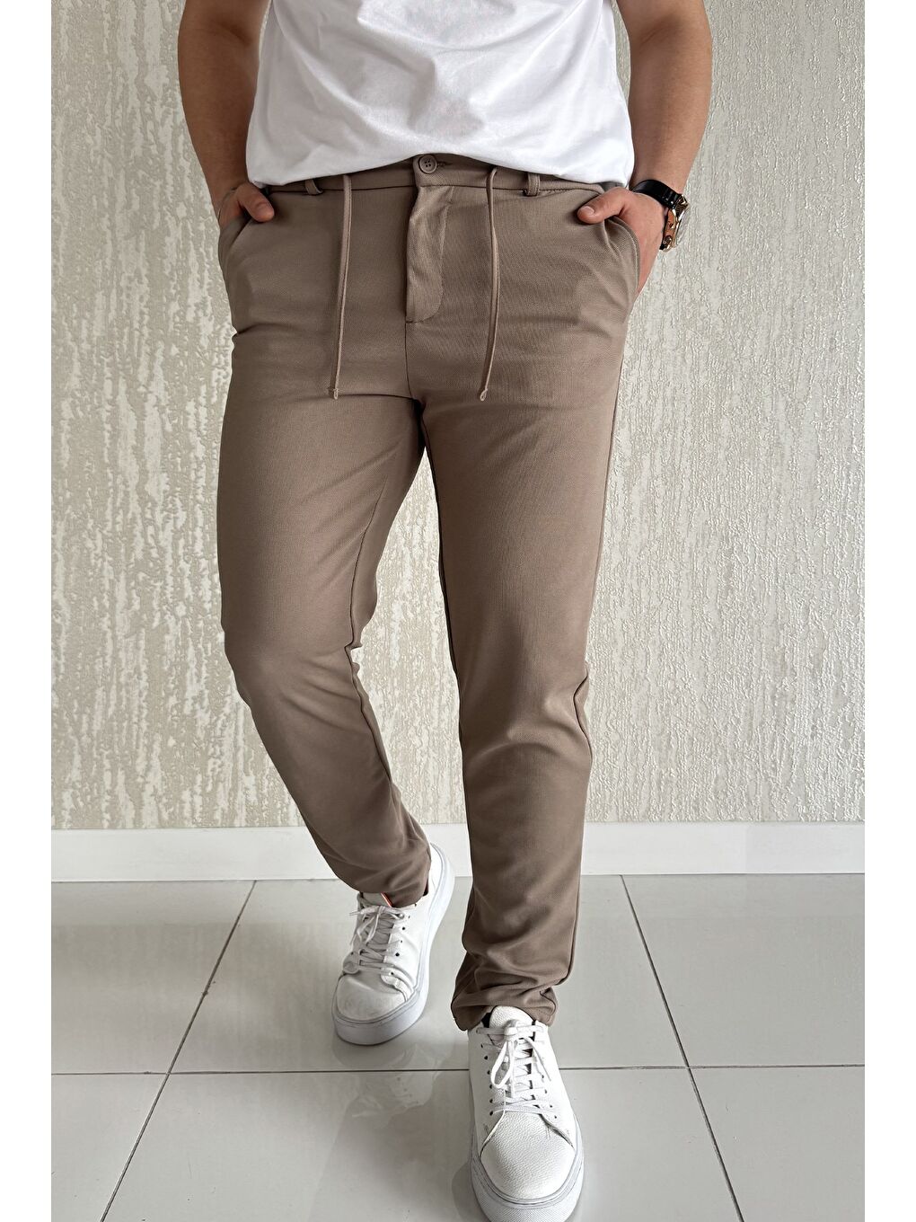 Bej Bel Bağcıklı Fermuarlı Erkek Jogger Pantolon