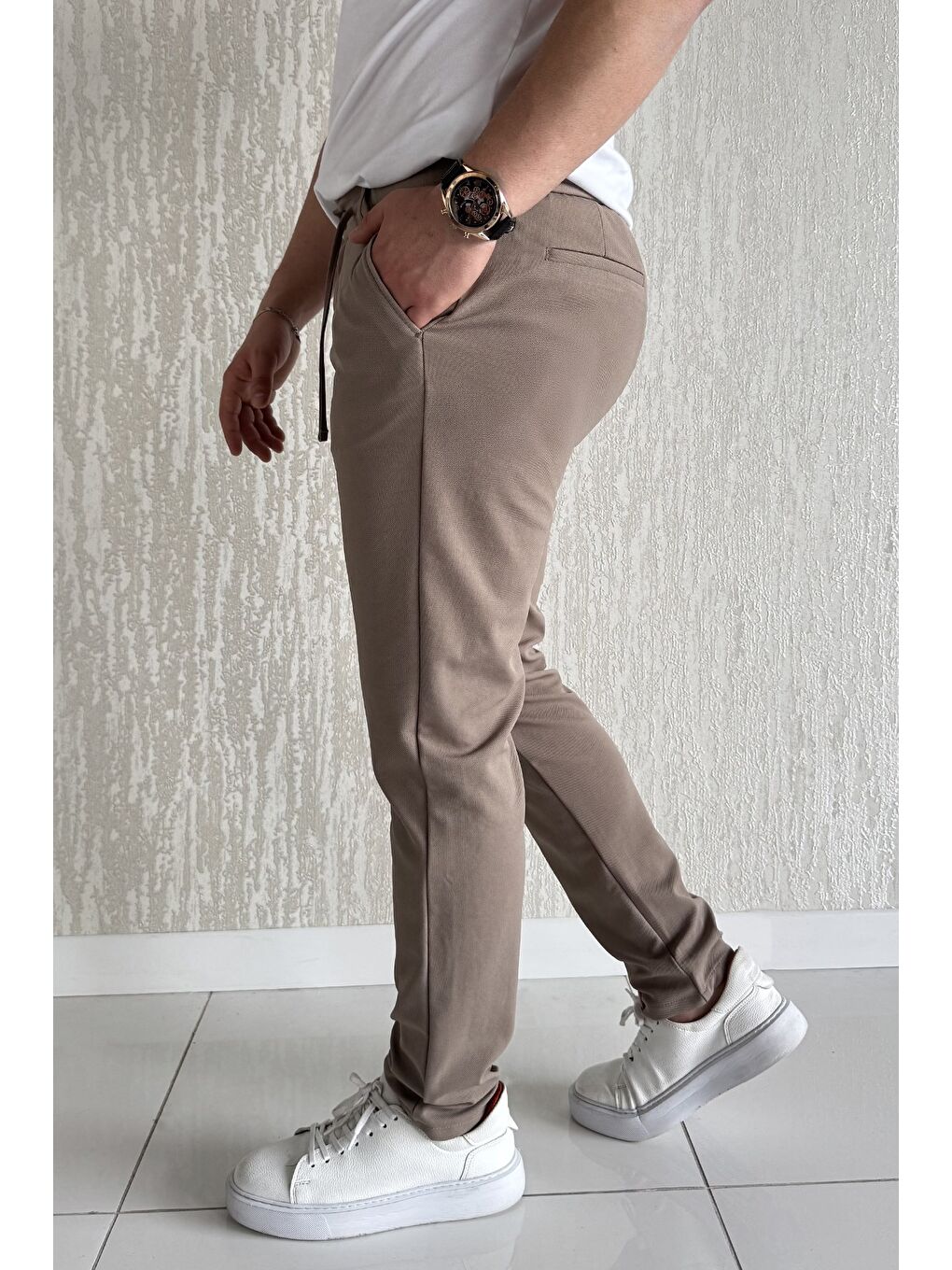 Bej Bel Bağcıklı Fermuarlı Erkek Jogger Pantolon-1