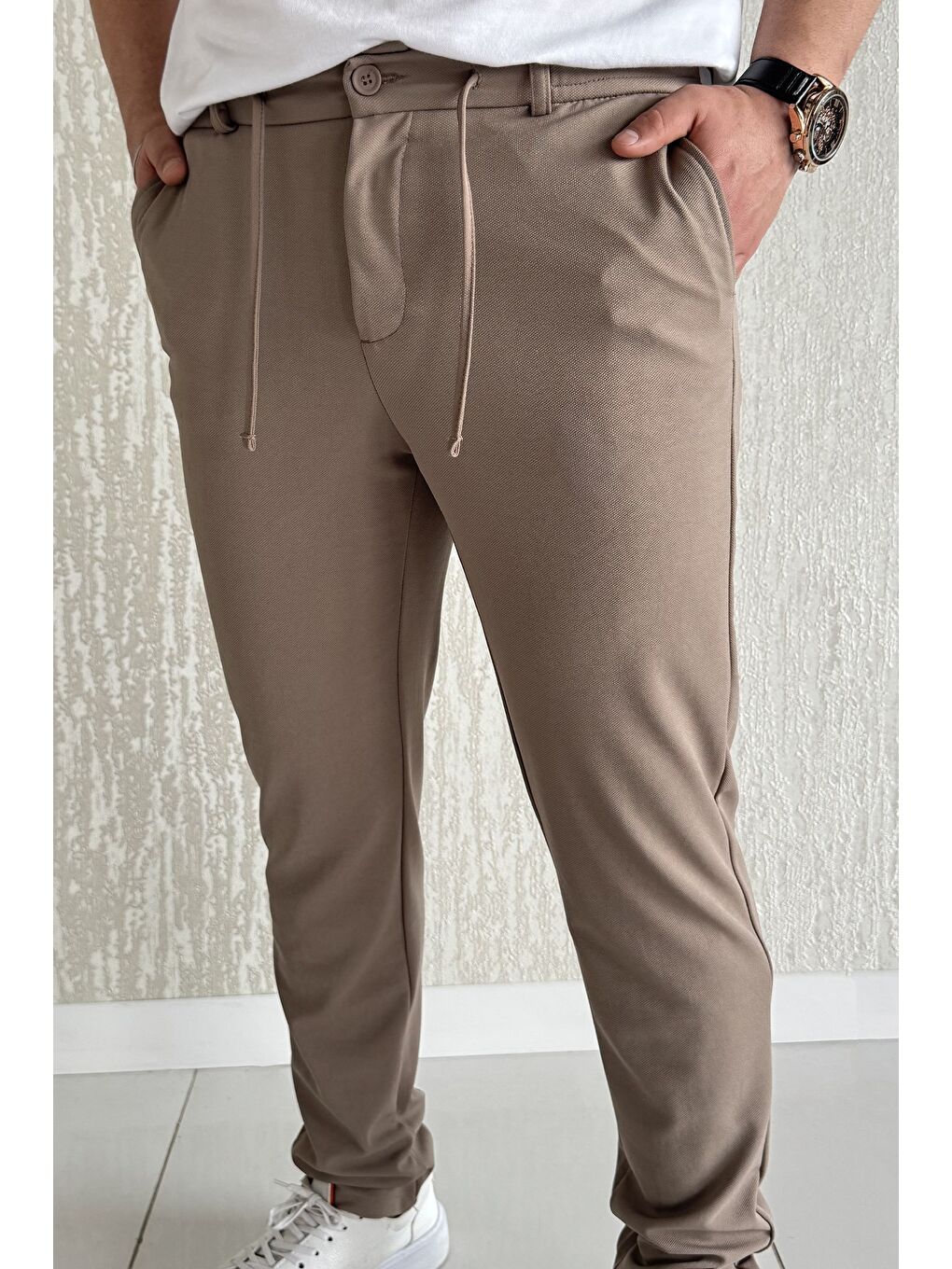 Bej Bel Bağcıklı Fermuarlı Erkek Jogger Pantolon-3