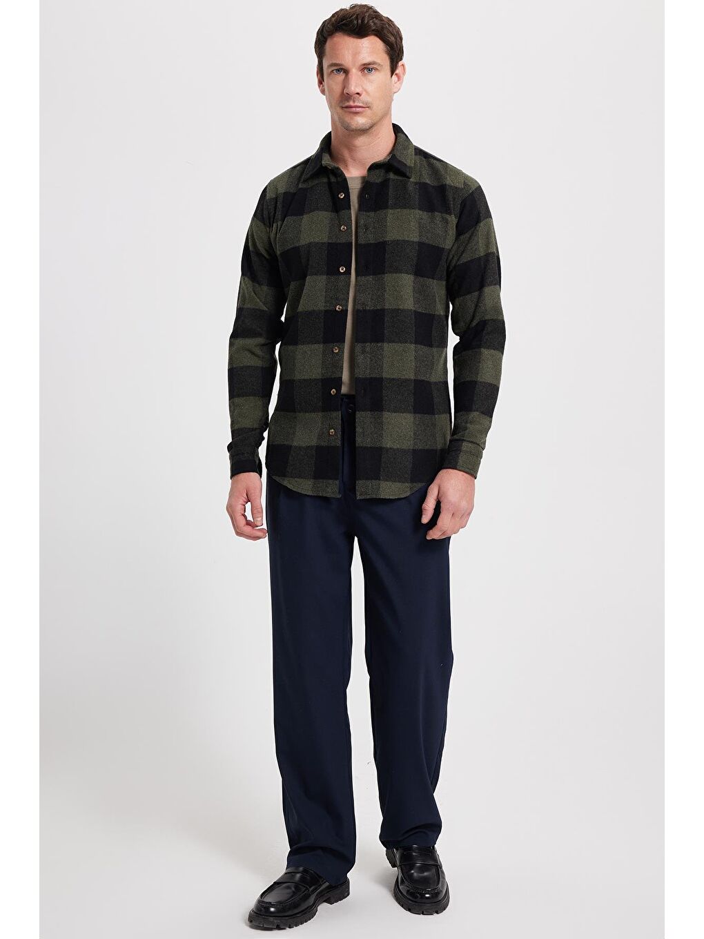 Haki Erkek Slim Fit Dar Kesim Kareli Kışlık Oduncu Gömlek-1