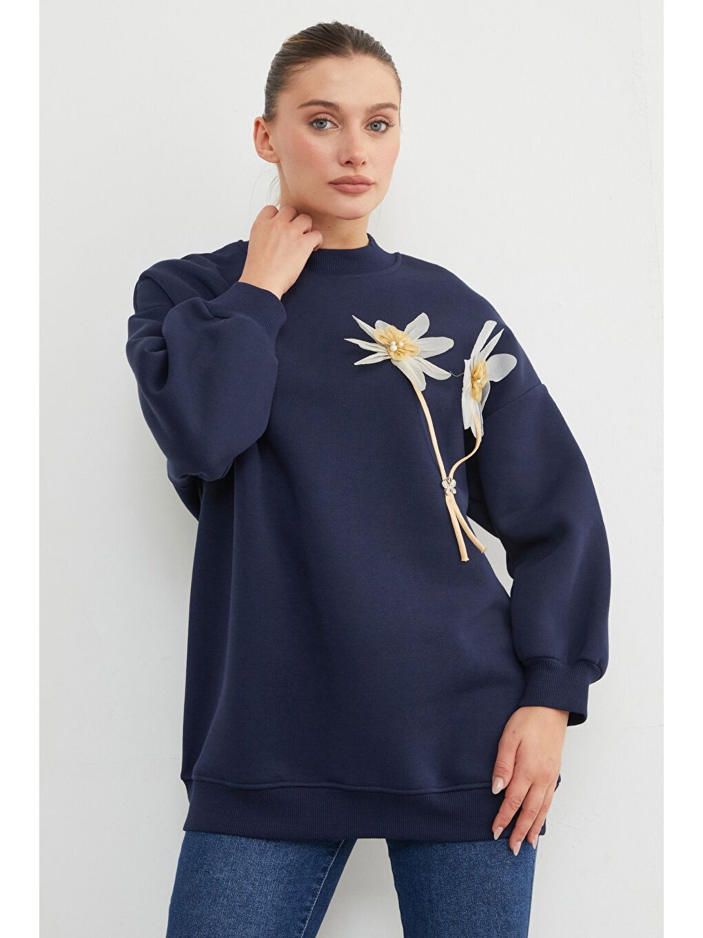 Lacivert 3 İplik Çiçek Aksesuarlı Oversize Tunik