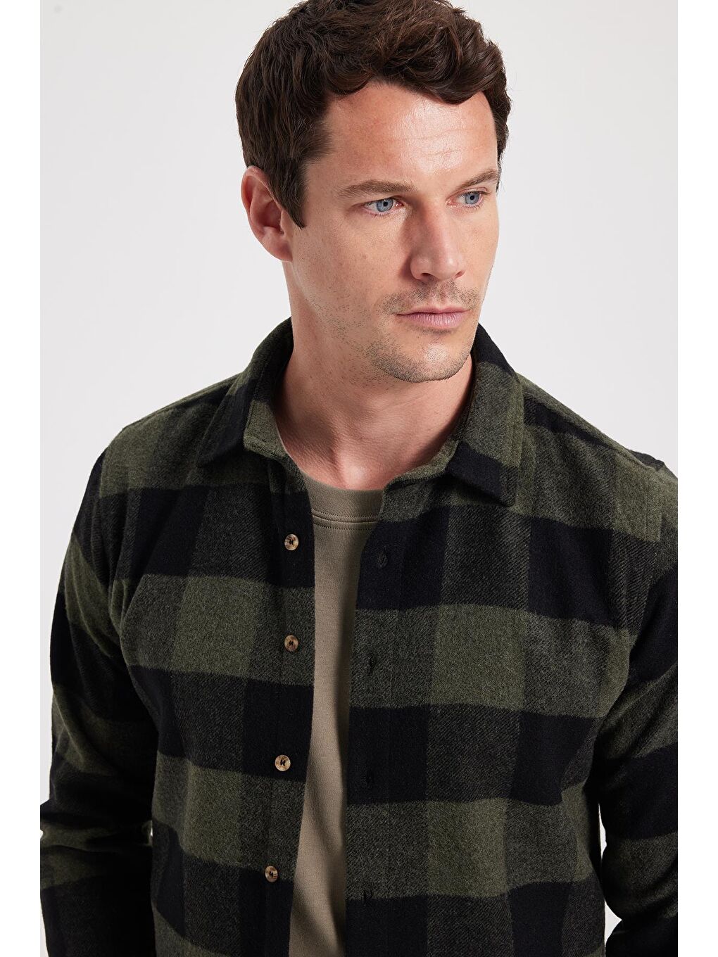Haki Erkek Slim Fit Dar Kesim Kareli Kışlık Oduncu Gömlek-2