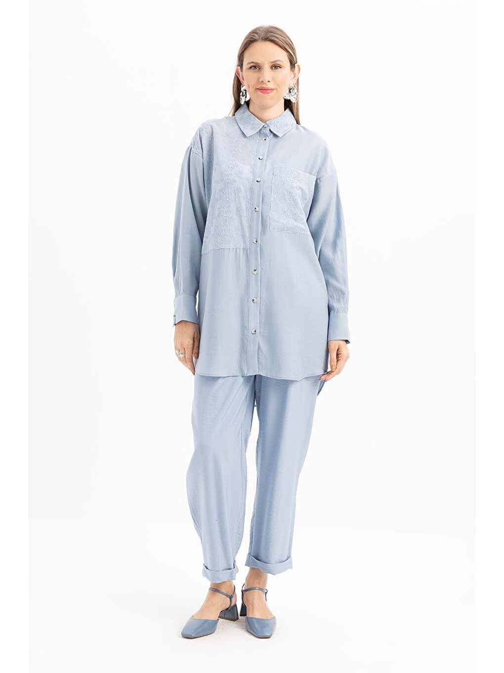 Kahverengi Mavi-Fisto Detaylı Büyük Cepli Gömlek-1