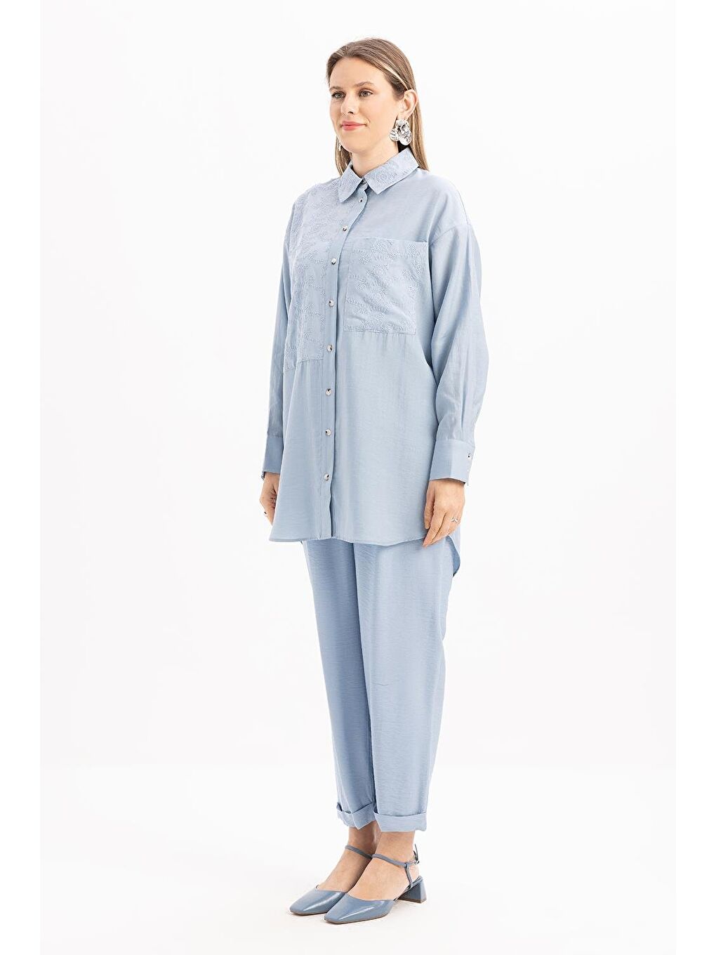 Kahverengi Mavi-Fisto Detaylı Büyük Cepli Gömlek-2