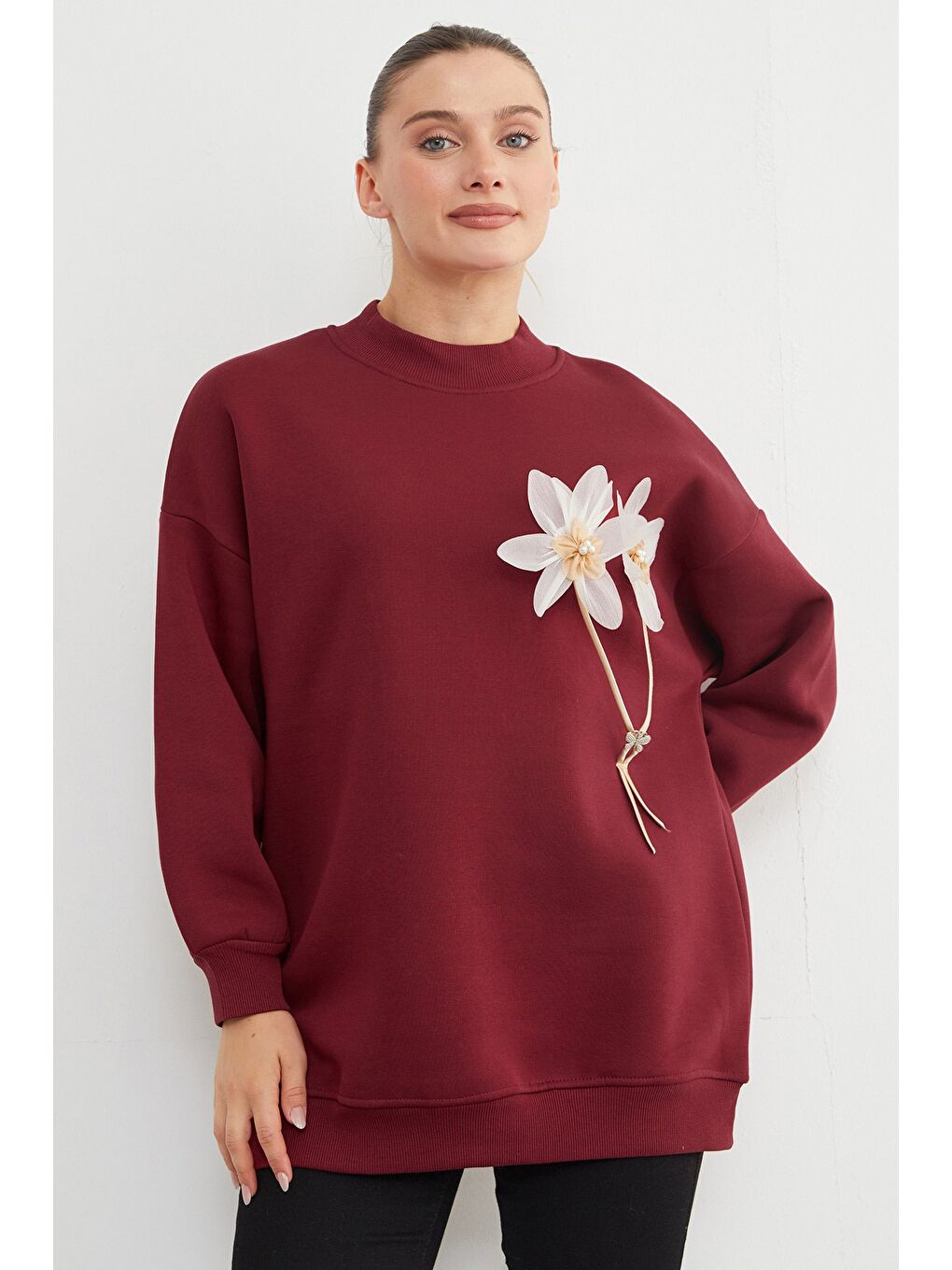Bordo 3 İplik Çiçek Aksesuarlı Oversize Tunik