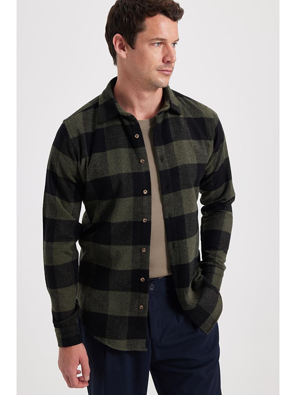Haki Erkek Slim Fit Dar Kesim Kareli Kışlık Oduncu Gömlek-6