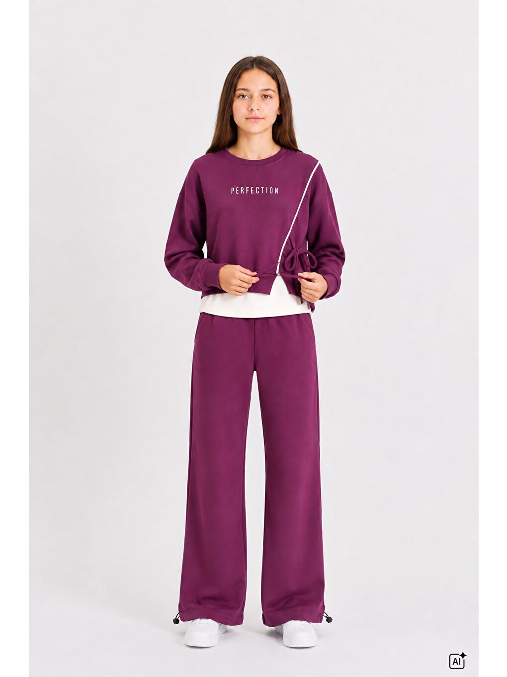 Bordo Kız Çocuk Garnili Sweatshirt Lastikli Paça Eşofmanlı 2li Alt Üst Takım 24768-1
