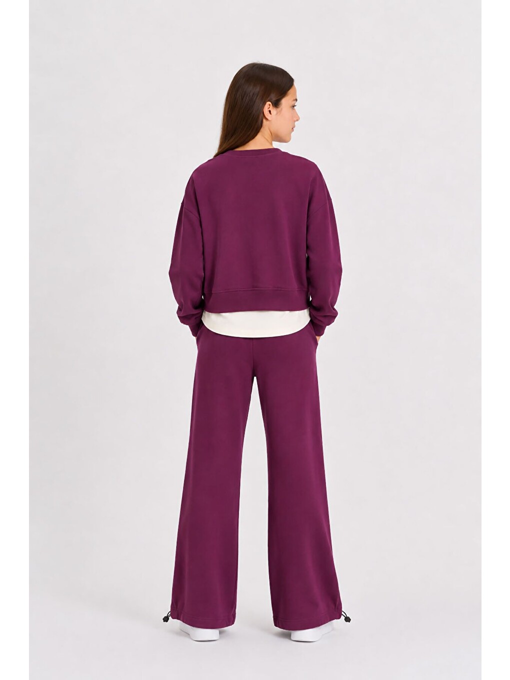 Bordo Kız Çocuk Garnili Sweatshirt Lastikli Paça Eşofmanlı 2li Alt Üst Takım 24768-2