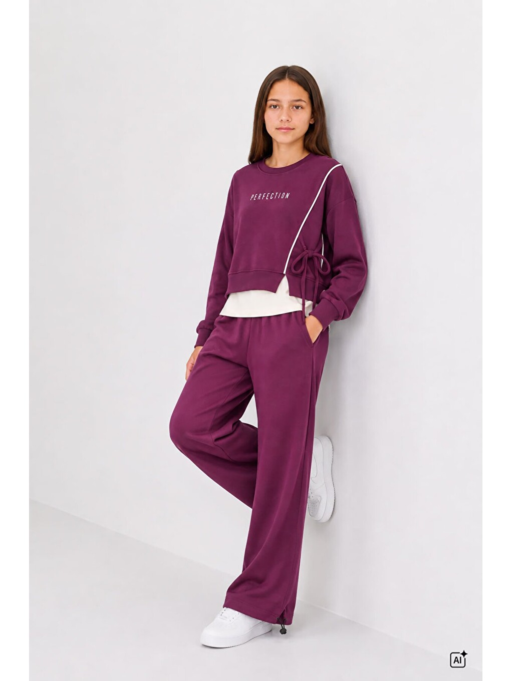 Bordo Kız Çocuk Garnili Sweatshirt Lastikli Paça Eşofmanlı 2li Alt Üst Takım 24768-3