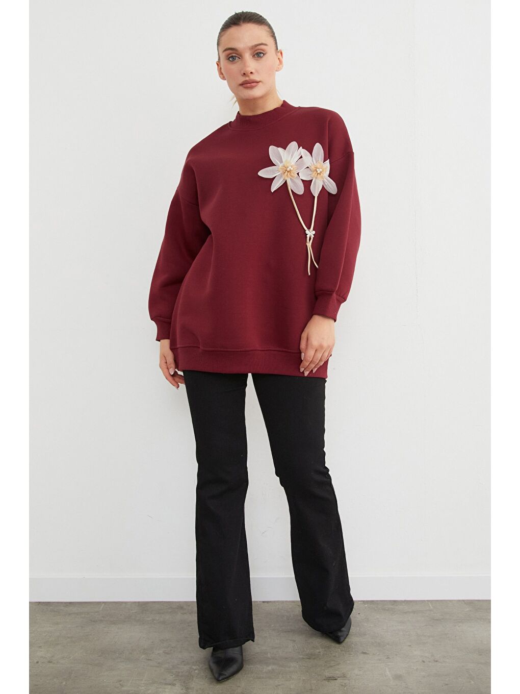 Bordo 3 İplik Çiçek Aksesuarlı Oversize Tunik-2