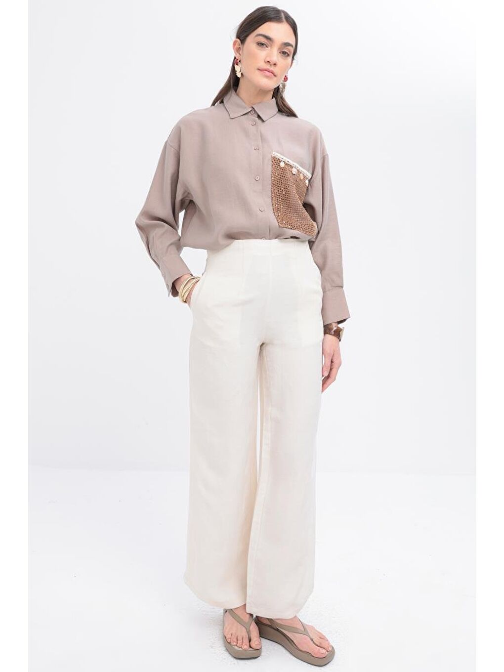Bej Taş-Bol Paça Keten Pantolon-1