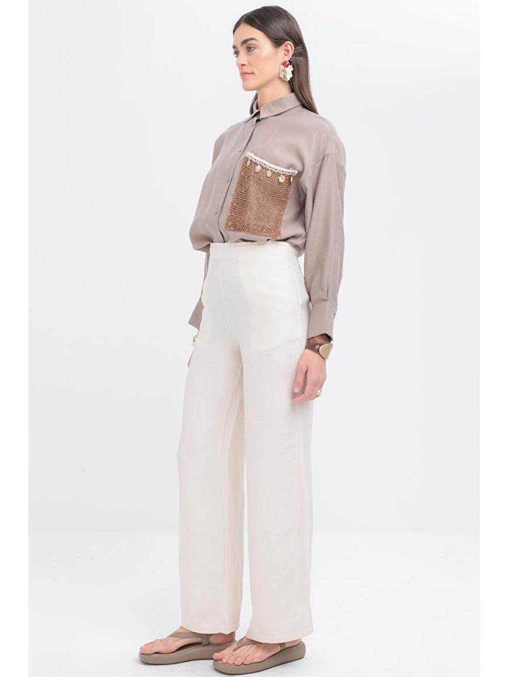 Bej Taş-Bol Paça Keten Pantolon-2