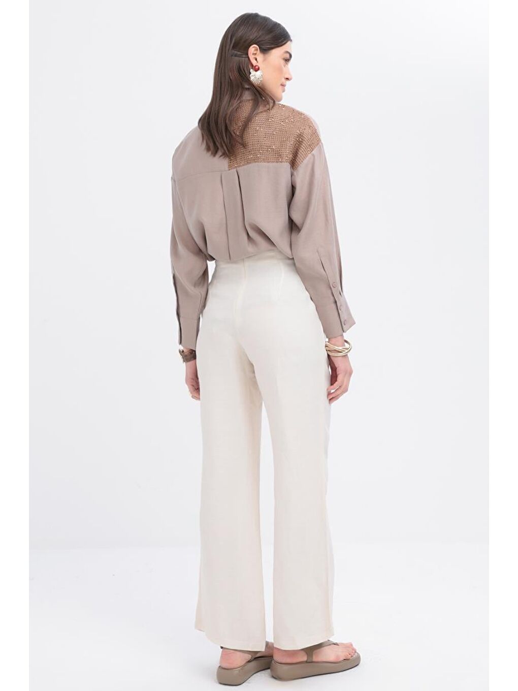 Bej Taş-Bol Paça Keten Pantolon-3