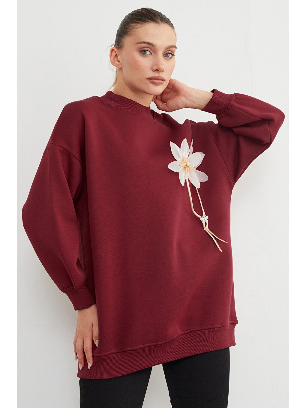 Bordo 3 İplik Çiçek Aksesuarlı Oversize Tunik-3