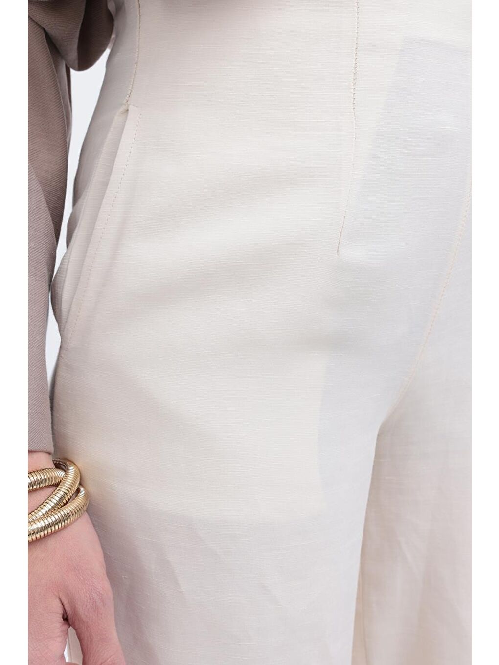 Bej Taş-Bol Paça Keten Pantolon-4