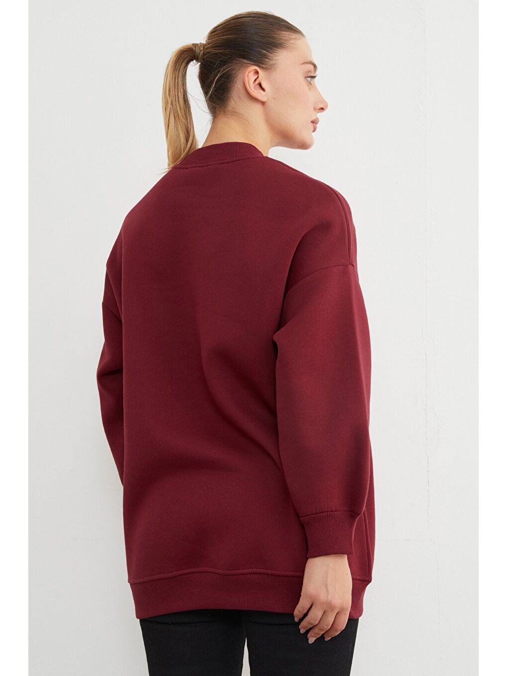 Bordo 3 İplik Çiçek Aksesuarlı Oversize Tunik-4