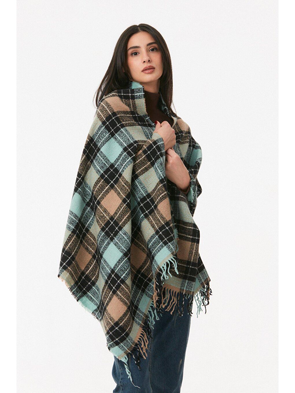 Turkuaz Ekose Desenli Yumuşak Dokulu Şal