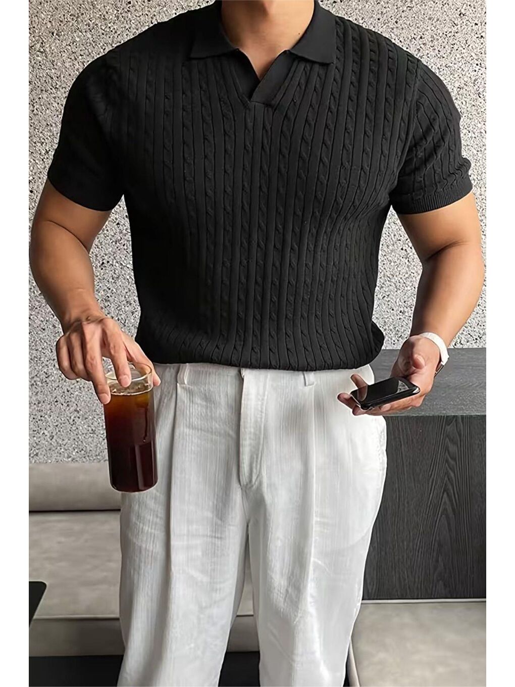 Siyah İtalyan Stil V Yaka Saç Örgü Detaylı Slim Fit Triko Erkek Polo Tshirt