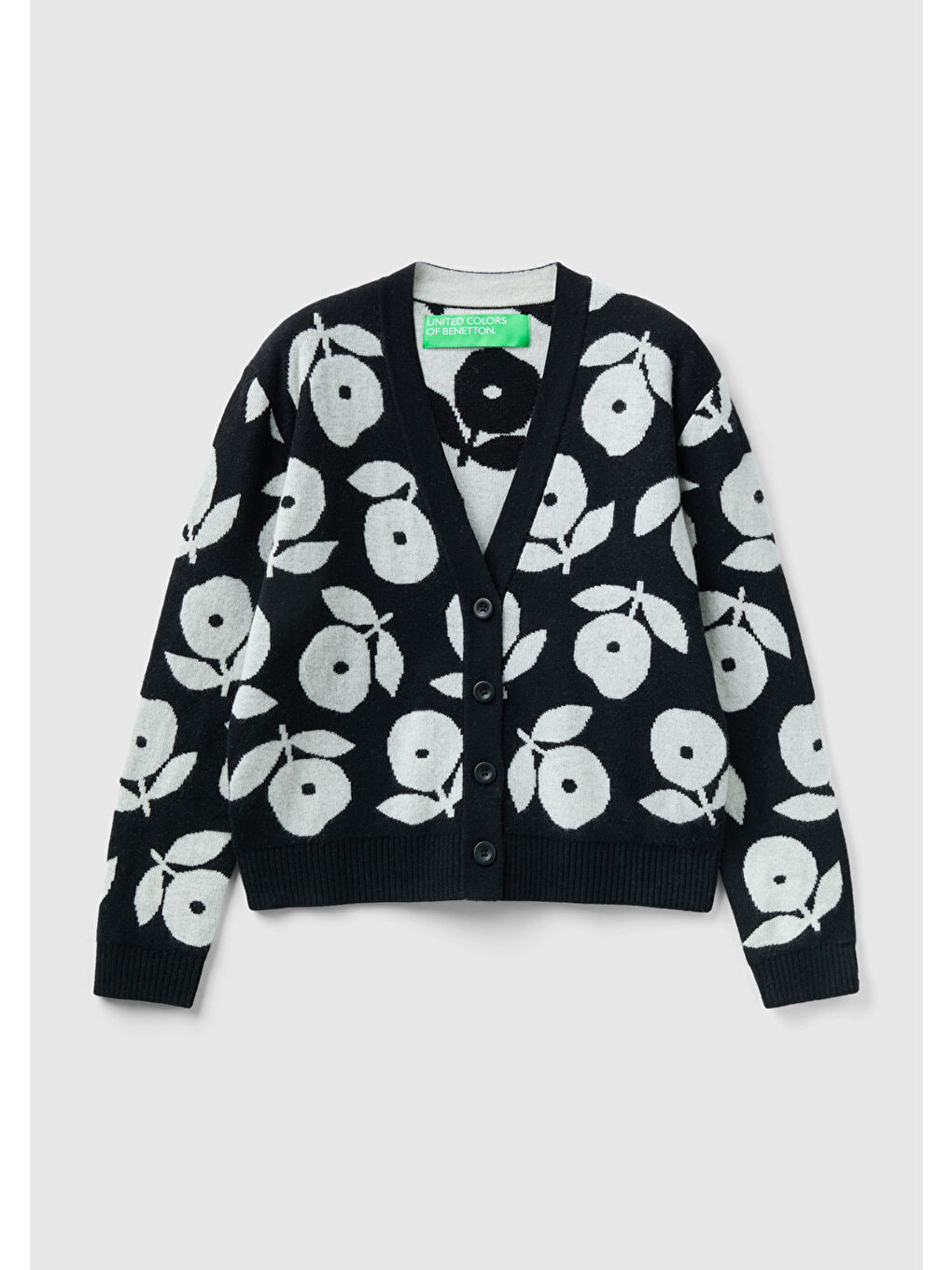 Kadın Siyah Yün Karışımlı Çiçek Desenli Hırka