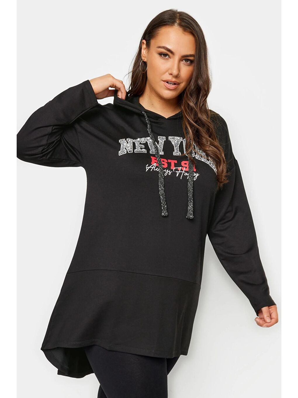 Stil Diva Siyah Büyük Beden Uzun Kollu Arkası Uzun Baskılı Kapüşonlu Sweatshirt 302787