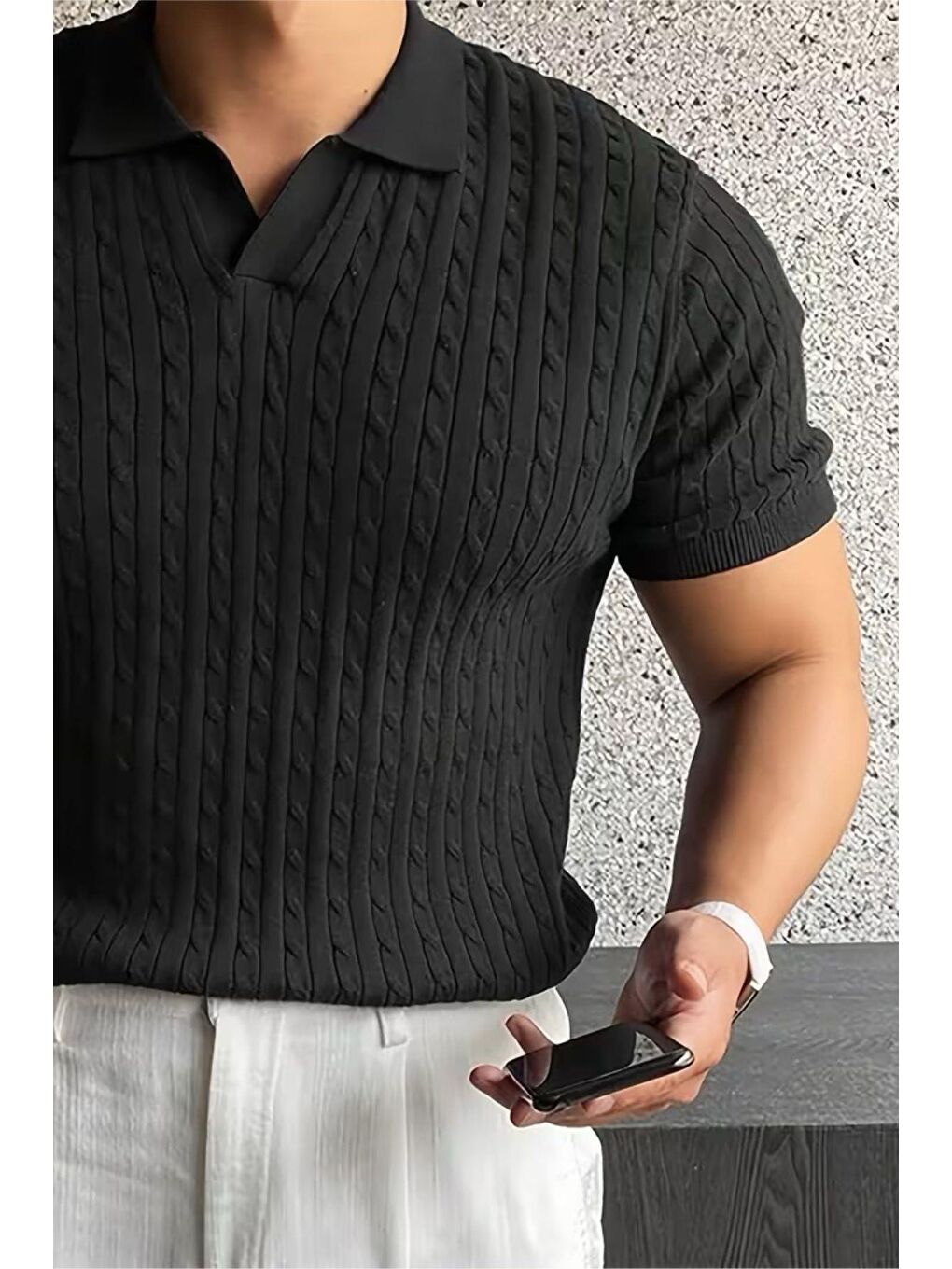 Siyah İtalyan Stil V Yaka Saç Örgü Detaylı Slim Fit Triko Erkek Polo Tshirt-1