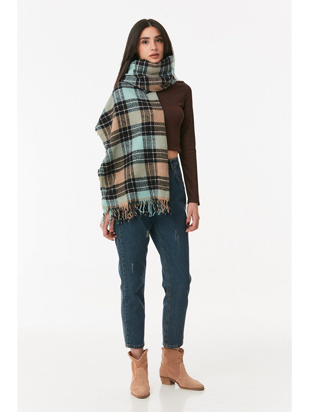 Turkuaz Ekose Desenli Yumuşak Dokulu Şal-1